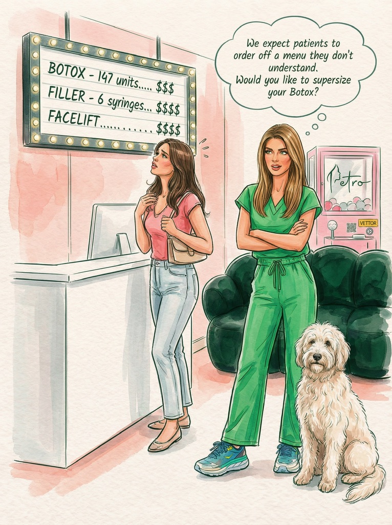 Illustration of Dr. Melanie Petro in green scrubs with her dog beside a patient looking at a treatment menu.