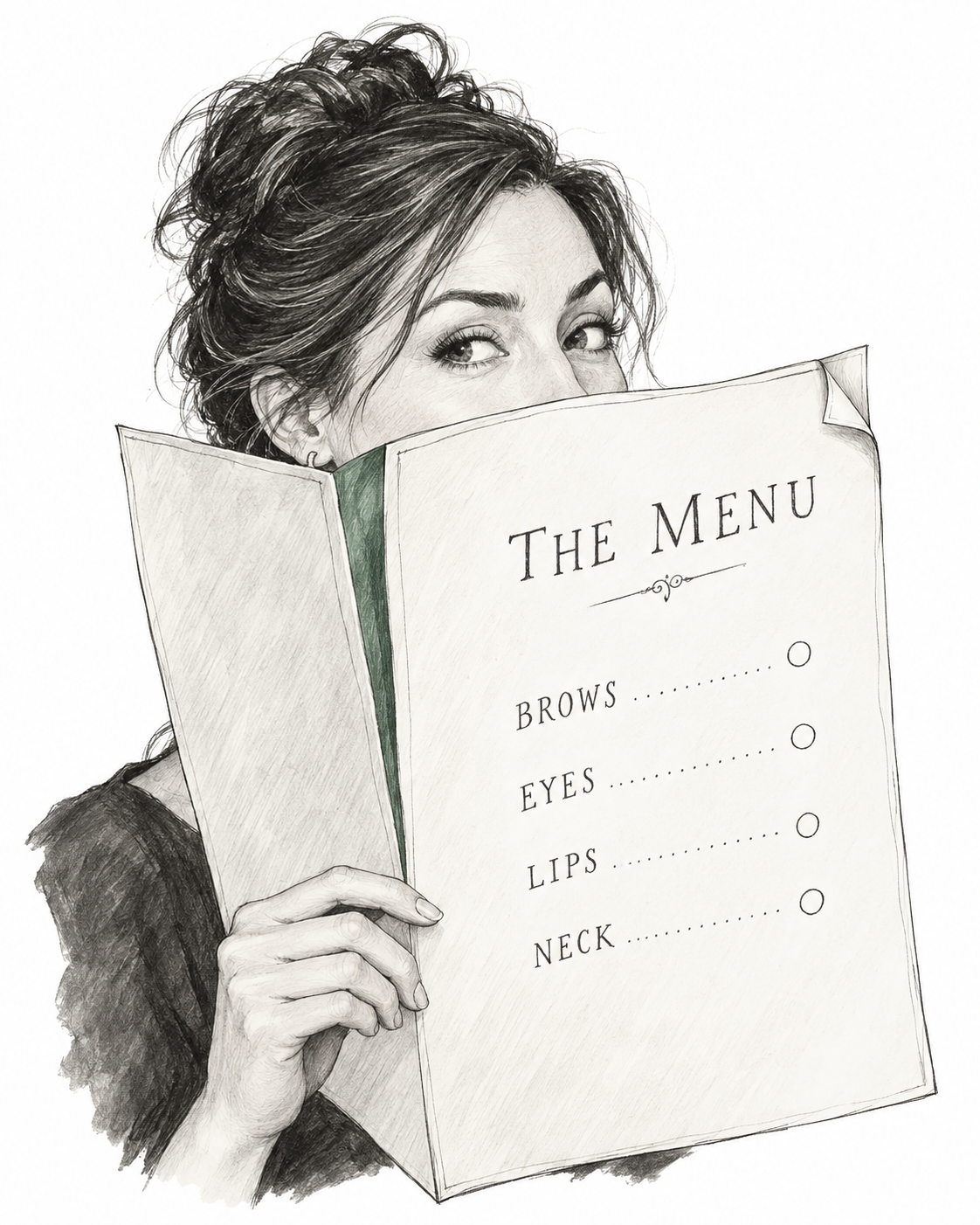 An editorial sketch of a woman looking over a menu labeled brows, eyes, lips and neck that partly hides her face.