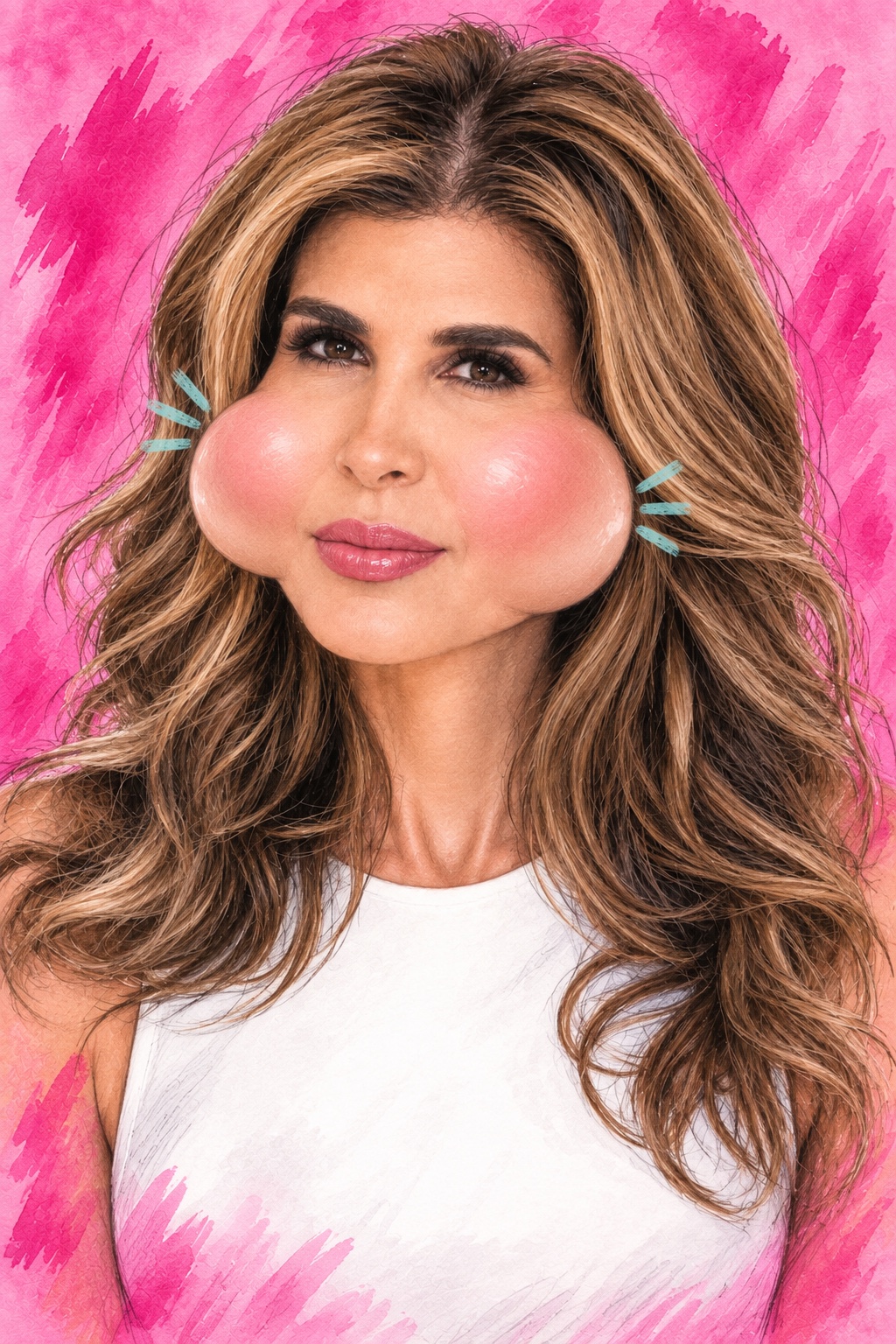 Hand-drawn editorial caricature of Dr. Melanie Petro with dramatically exaggerated glossy cheeks on a hot-pink watercolor background.
