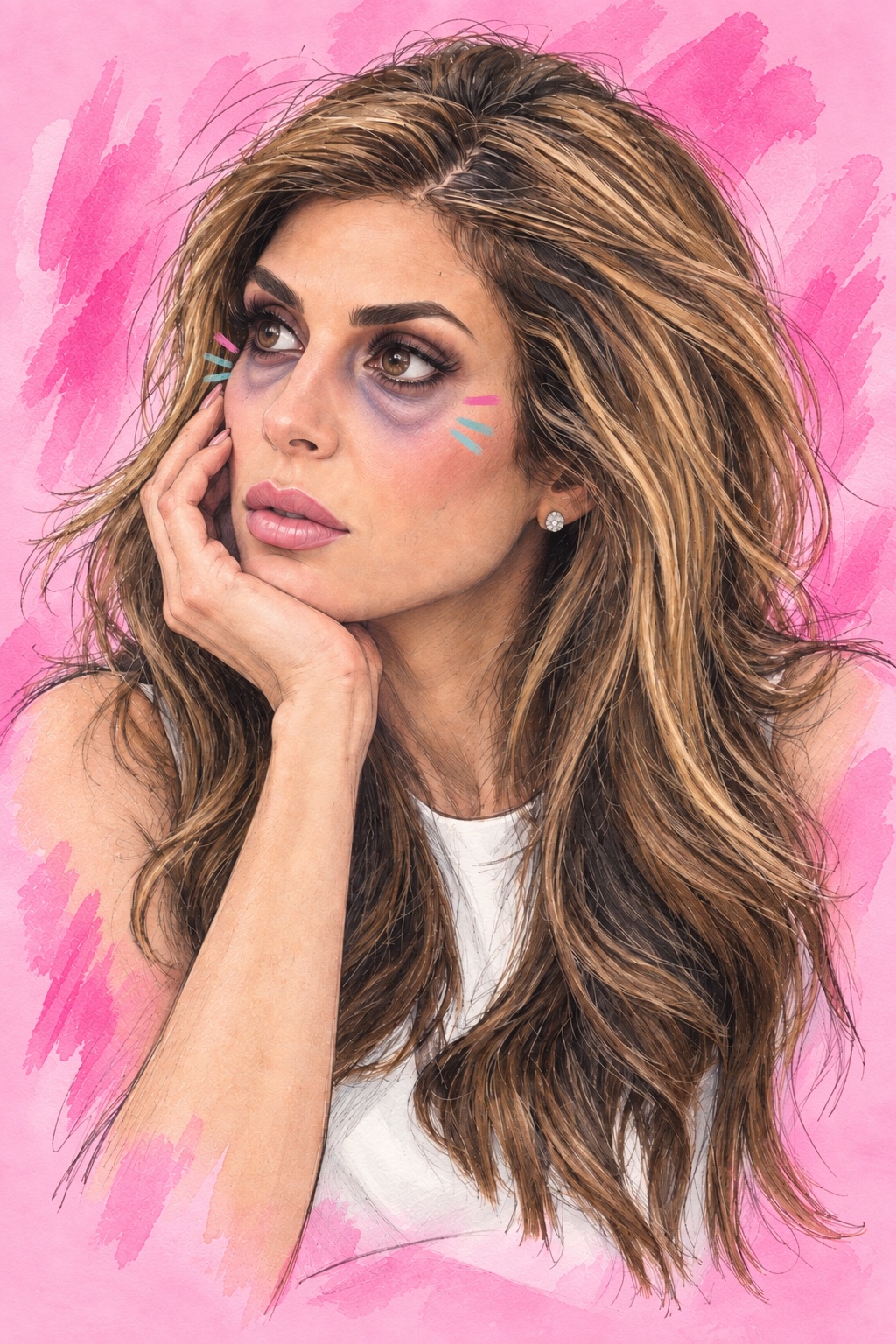 Hand-drawn editorial portrait of Melanie Petro with exaggerated violet under-eye hollows, puffiness, and pigment on a candy-pink background