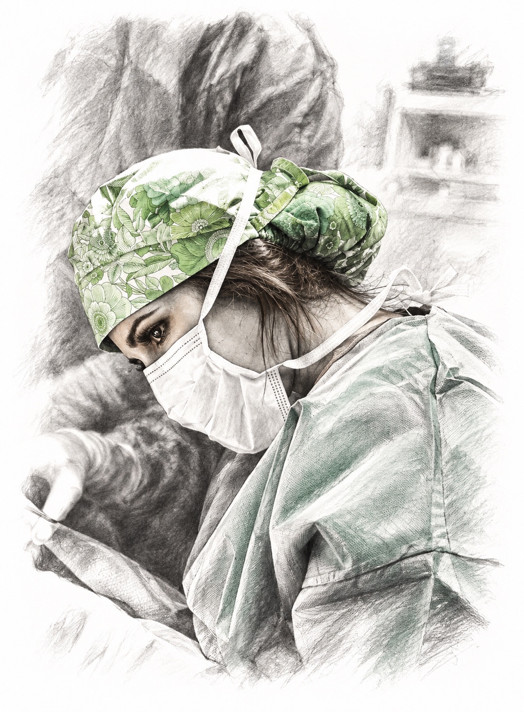 Charcoal illustration of Melanie Petro operating, with muted green surgical cap and gown