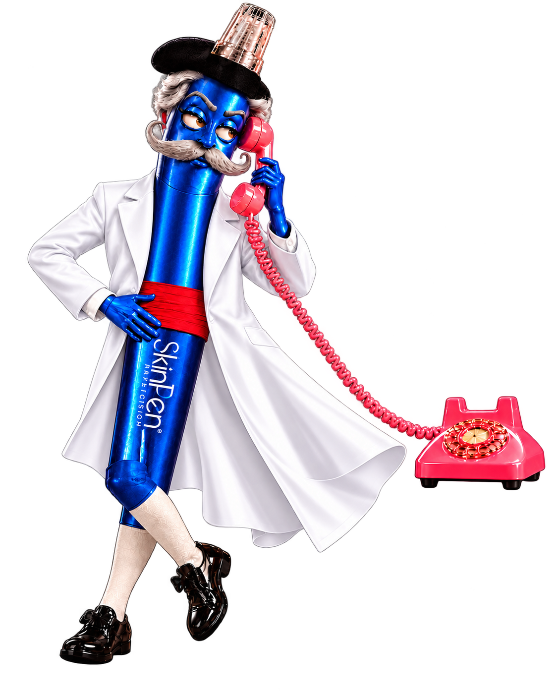 A blue SkinPen character in a bright white doctor’s coat answers a pink telephone.