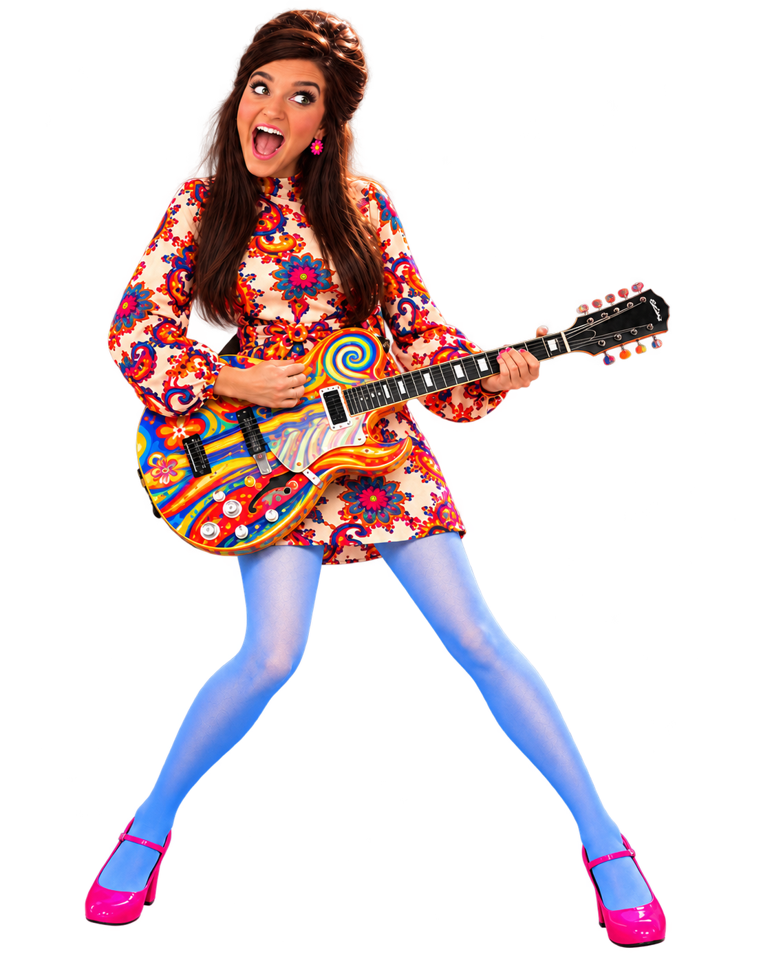 Serena in a colorful patterned dress, blue tights, and pink shoes playing her guitar.