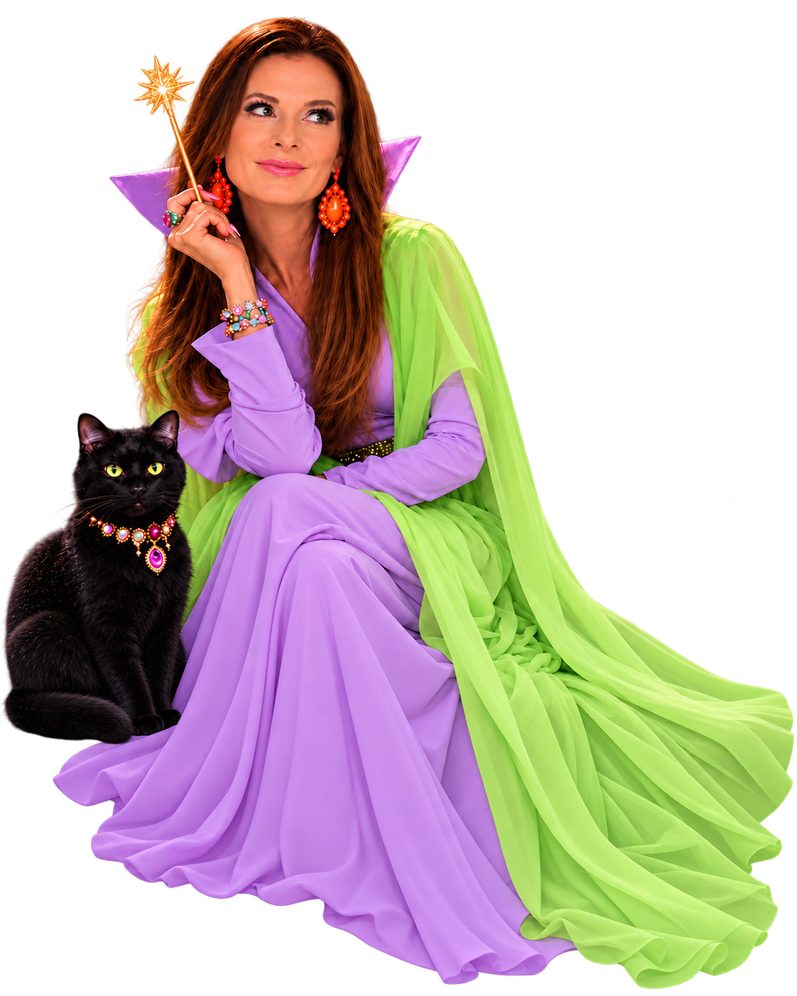 A red-haired witch holding a star-tipped wand, with a jeweled black cat beside her.
