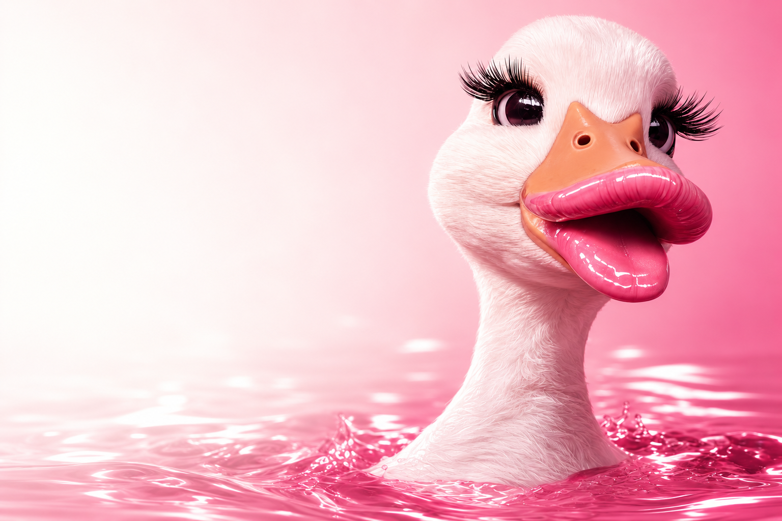 Glamorous white duck with glossy pink lips, on a soft pink editorial background.