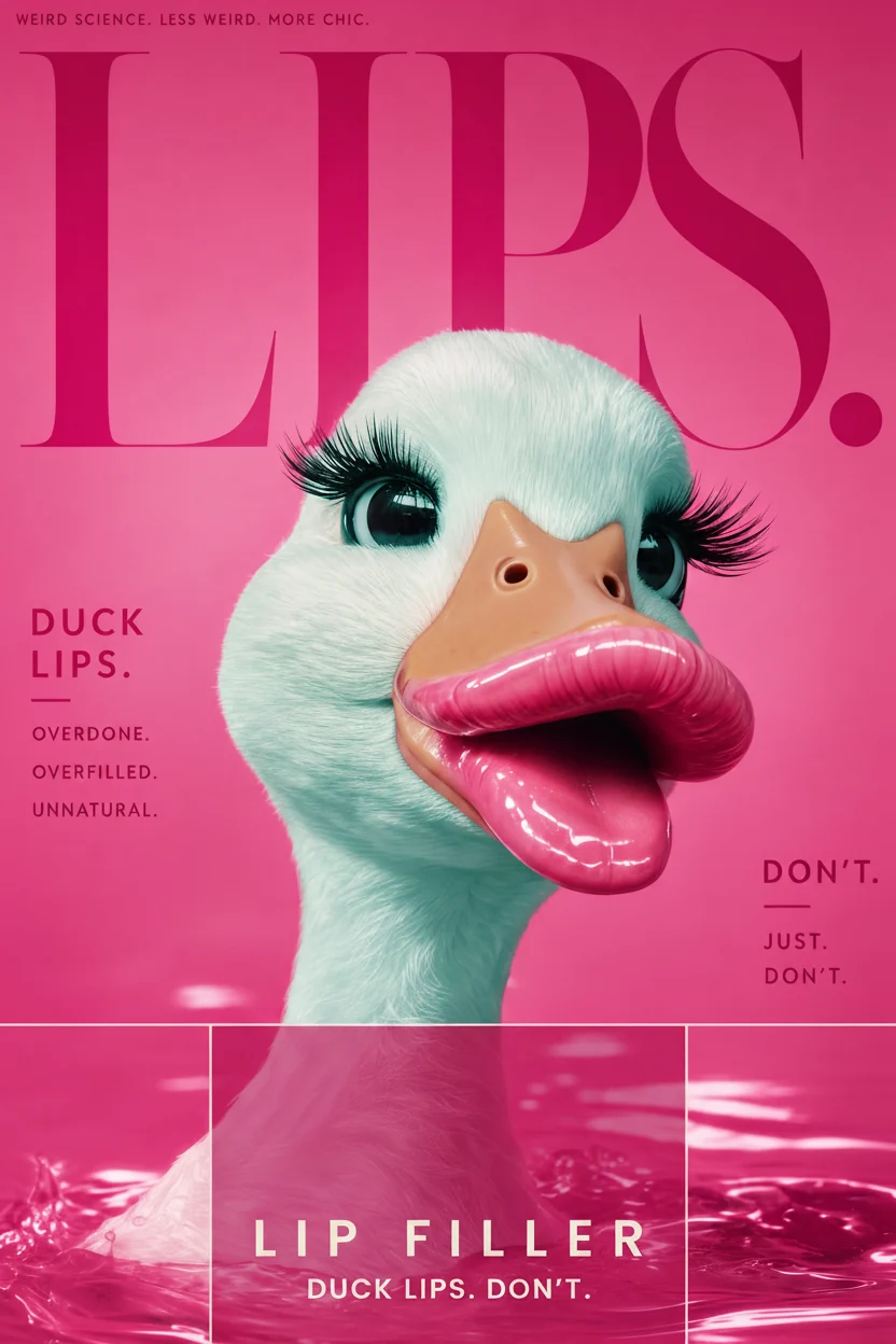 The vivid pink LIPS editorial cover, featuring a stylized duck with exaggerated pink lips.