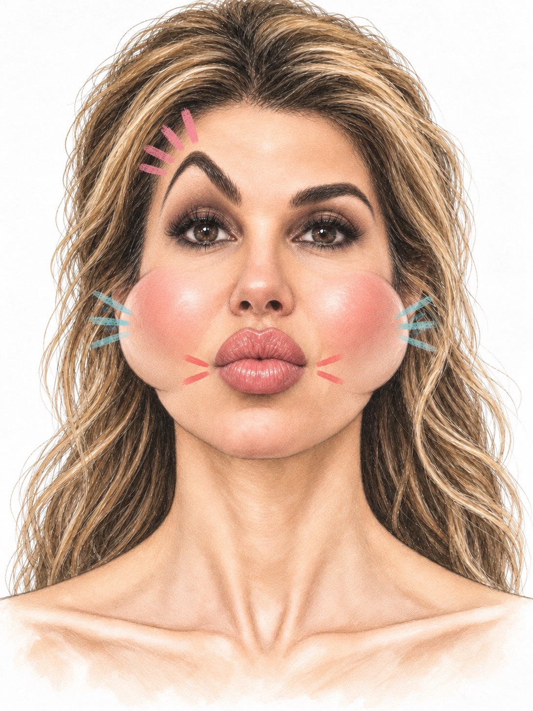 Playful editorial portrait of Dr. Melanie Petro illustrating the fear of an over-arched brow, overfilled lips, and puffy cheeks.