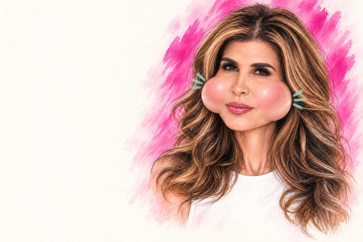 Playful pink fashion illustration of Melanie with exaggerated puffy cheeks.