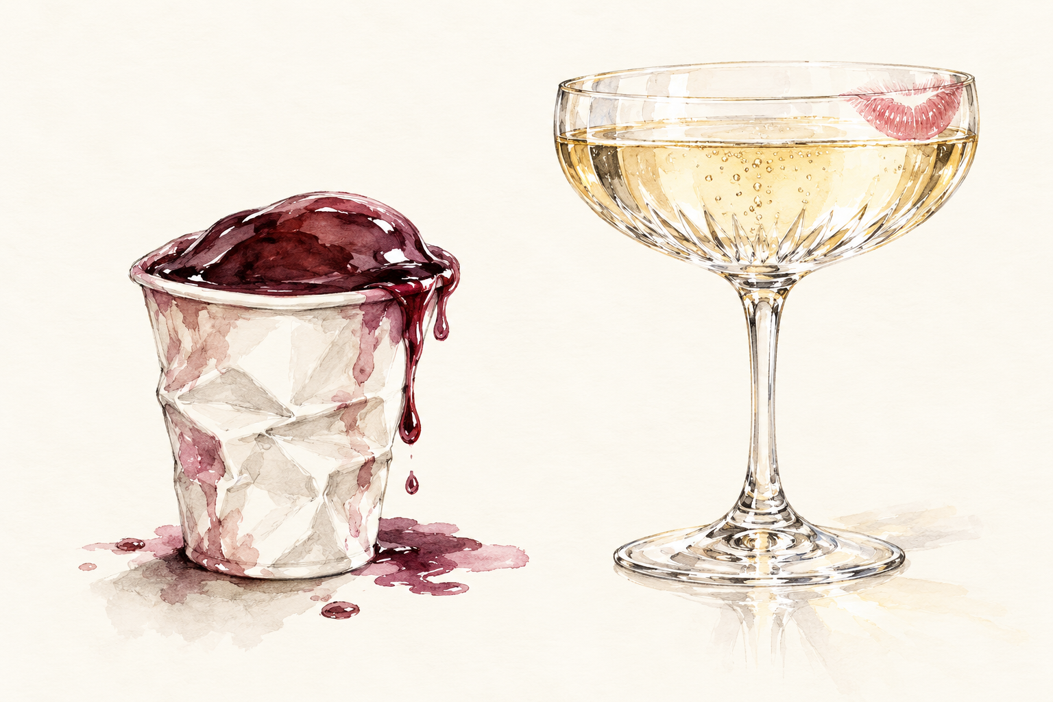 Watercolor illustration of an overflowing paper wine cup beside a crystal champagne coupe with a lipstick kiss.