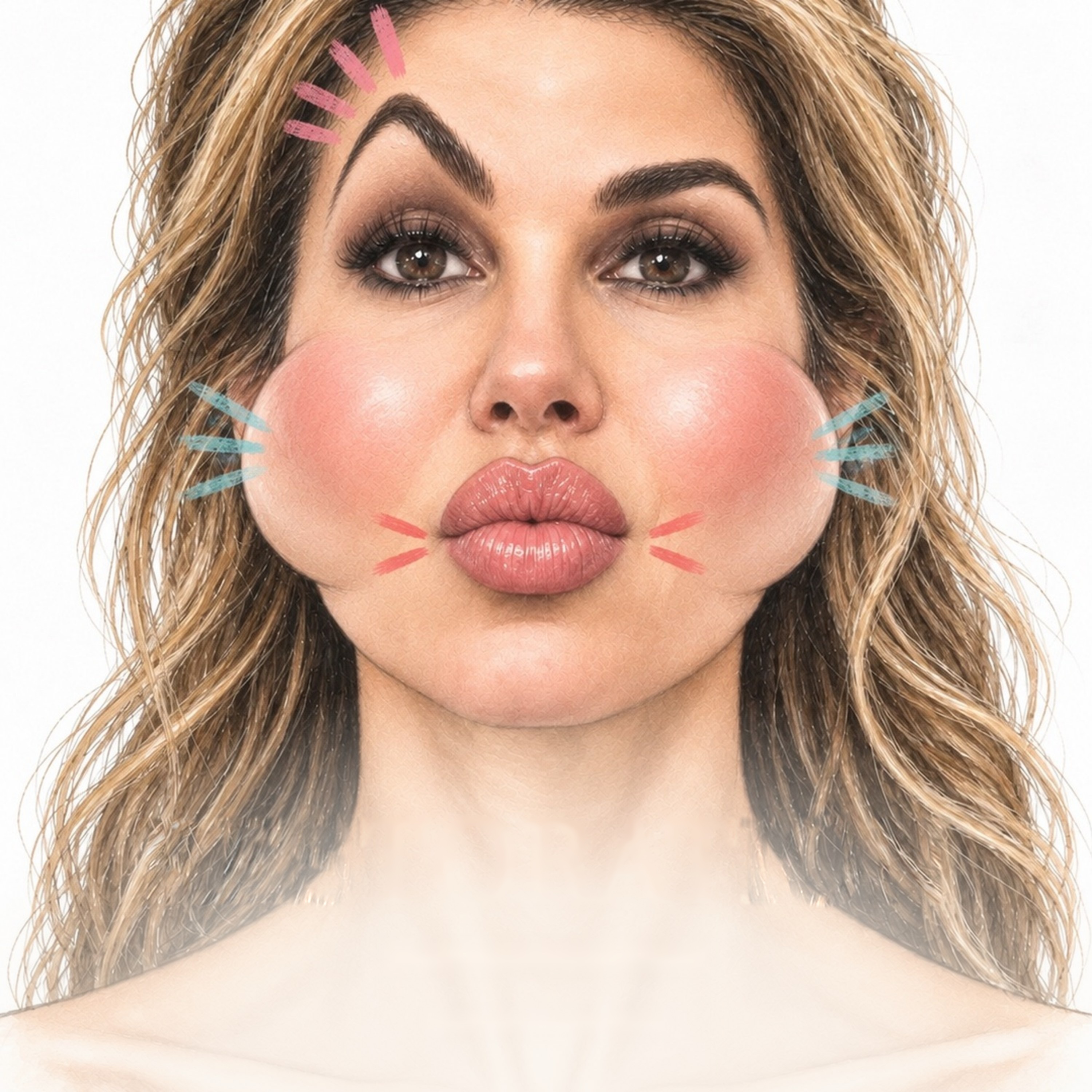 Playful editorial portrait of Dr. Melanie Petro illustrating the fear of an over-arched brow, overfilled lips, and puffy cheeks.