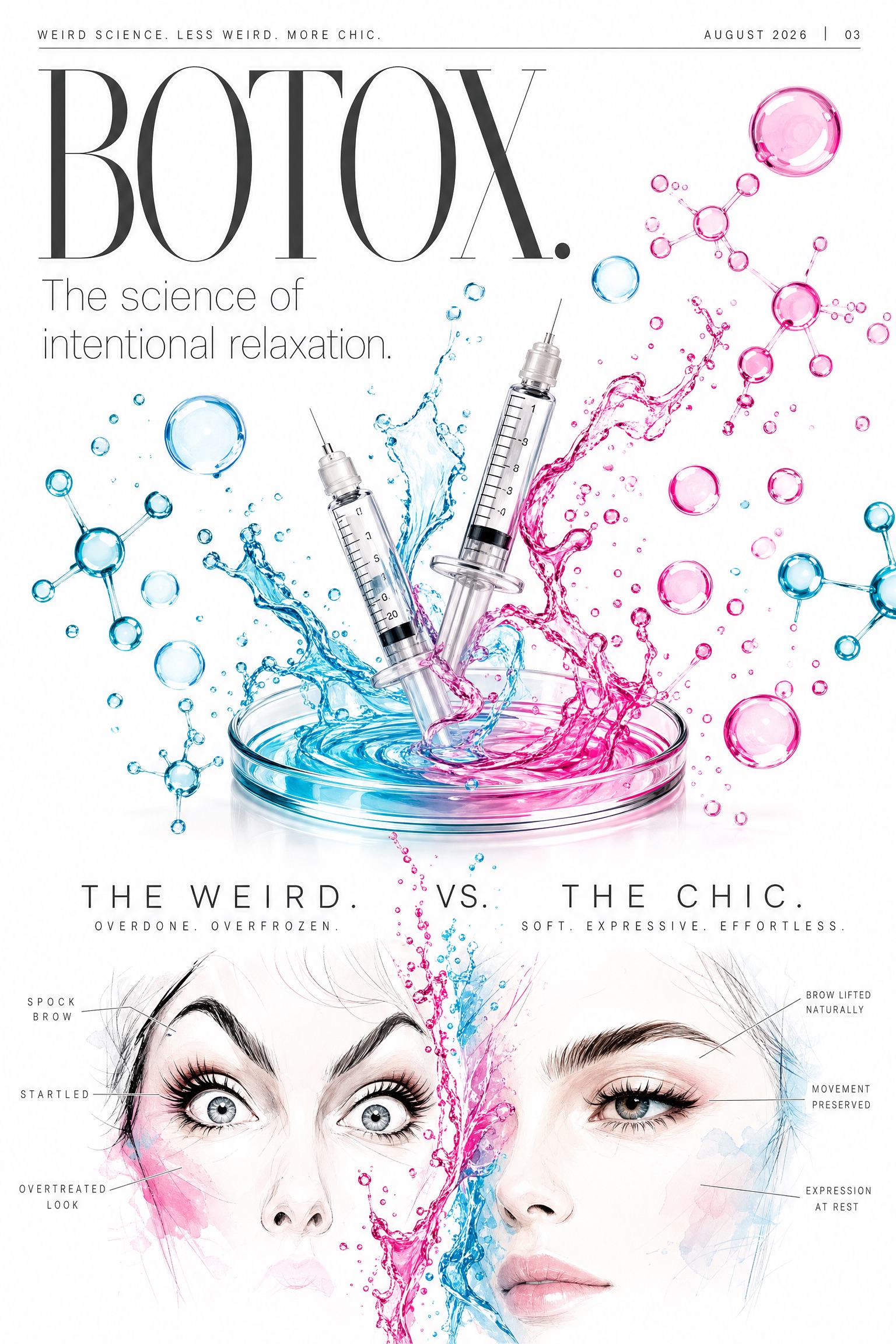 BOTOX editorial artwork contrasting an overtreated look with soft, expressive movement