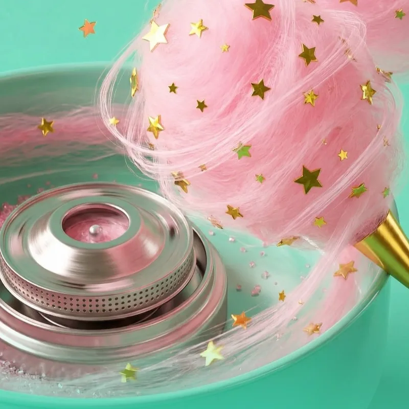 Editorial illustration from the Cotton Candy and Sculptra carousel: pink spun sugar above a cotton candy machine