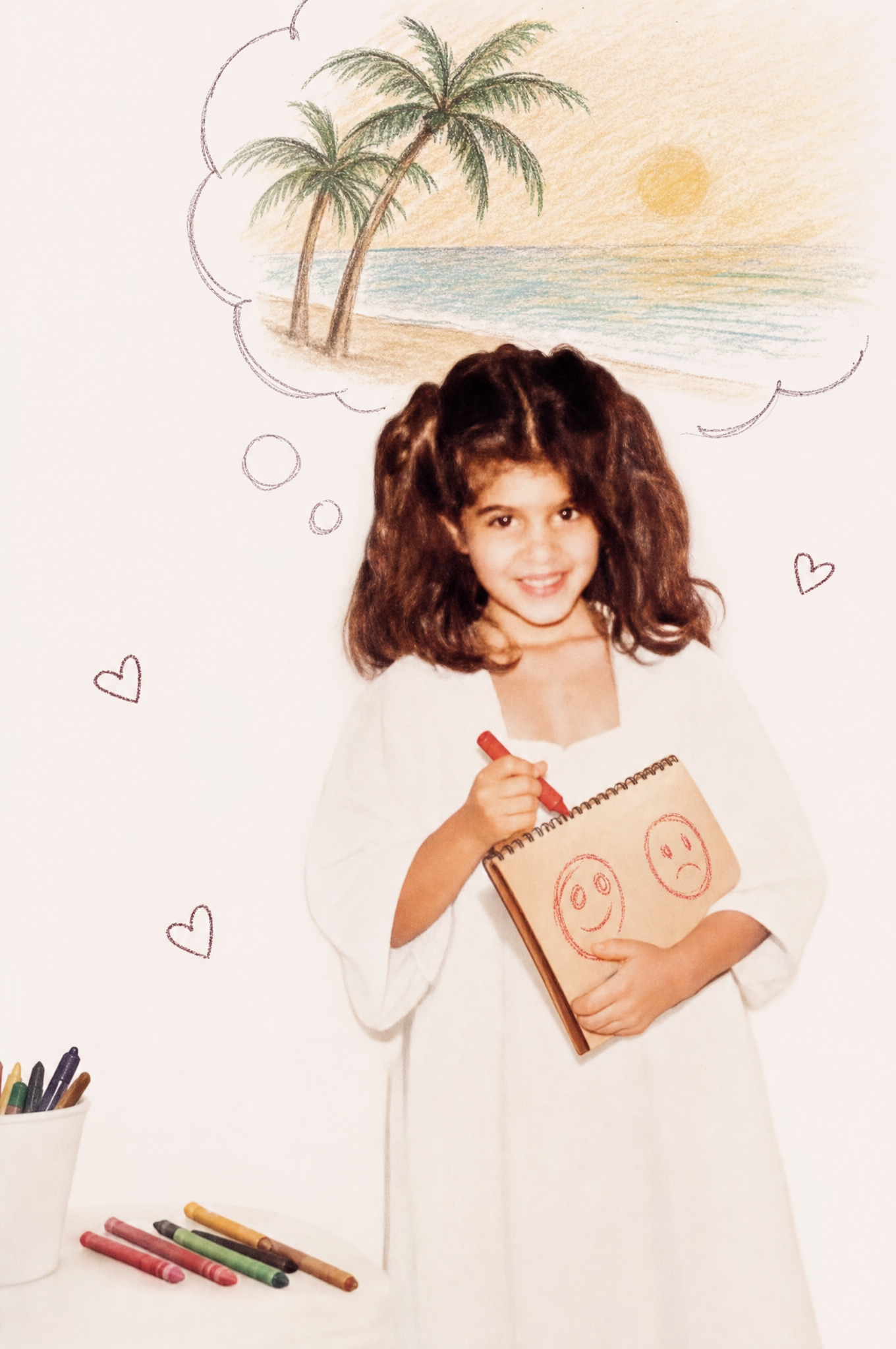 Childhood portrait of Melanie holding a sketchbook, with an illustrated daydream of palm trees and the beach