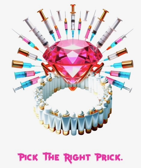 PETRO artwork: a brilliant pink gemstone ring surrounded by syringes, with the words Pick the Right Prick