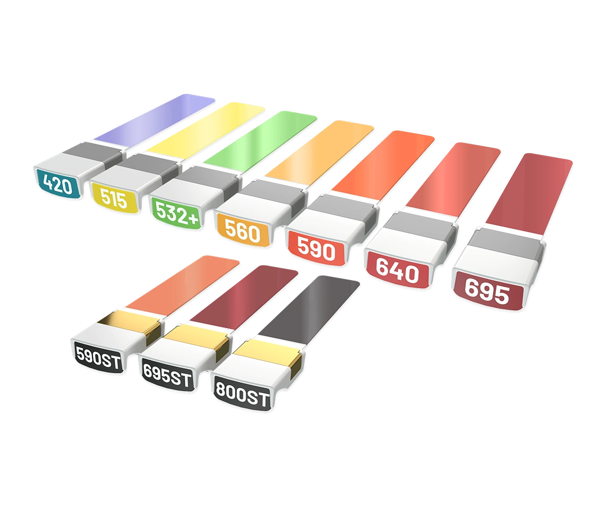 Sciton’s original color-coded filter collection: 420, 515, 532+, 560, 590, 640, 695 and the three SkinTyte filters