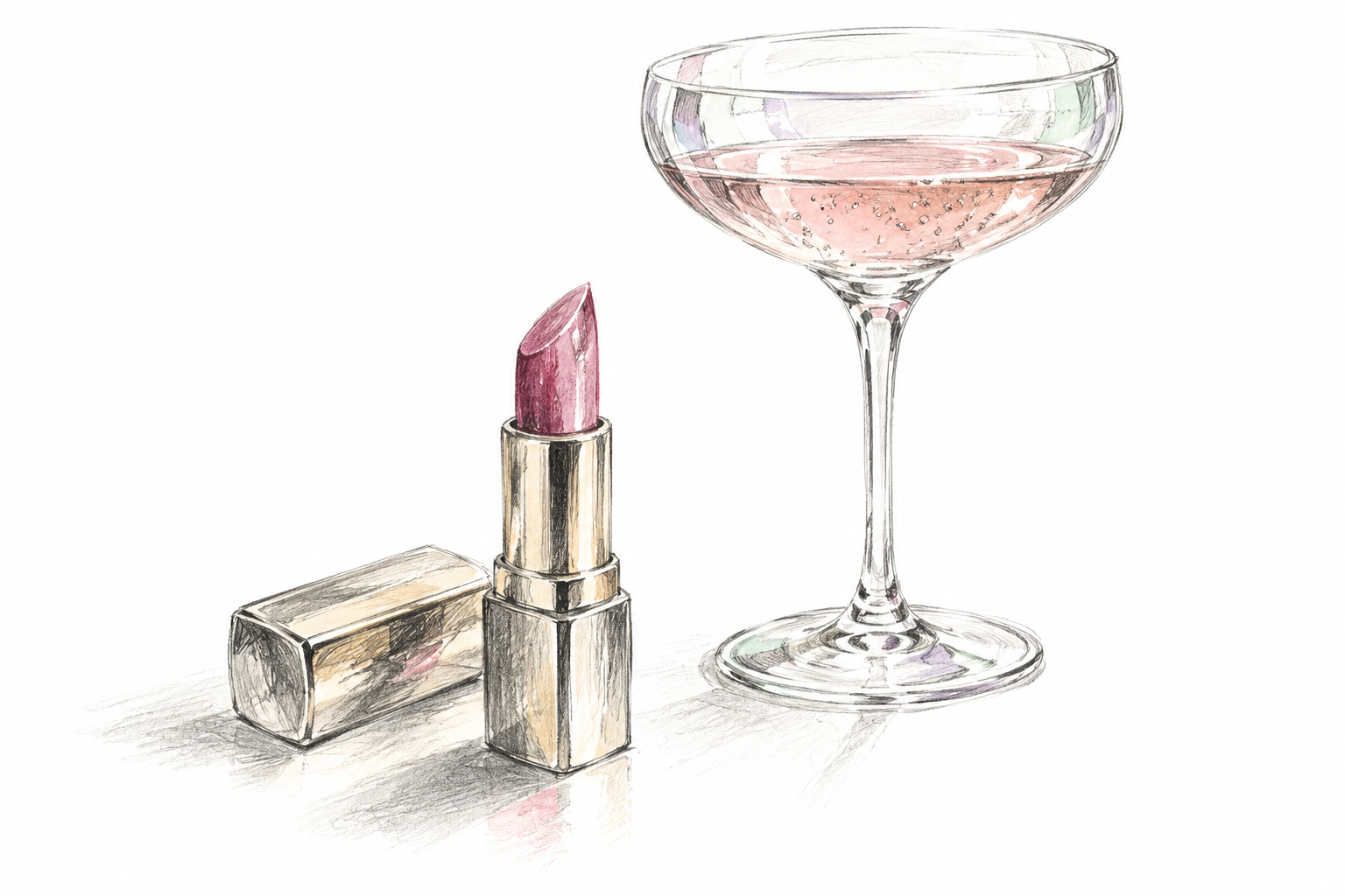 Editorial pencil illustration of mauve lipstick beside a crystal coupe, with pink, mint and violet accents