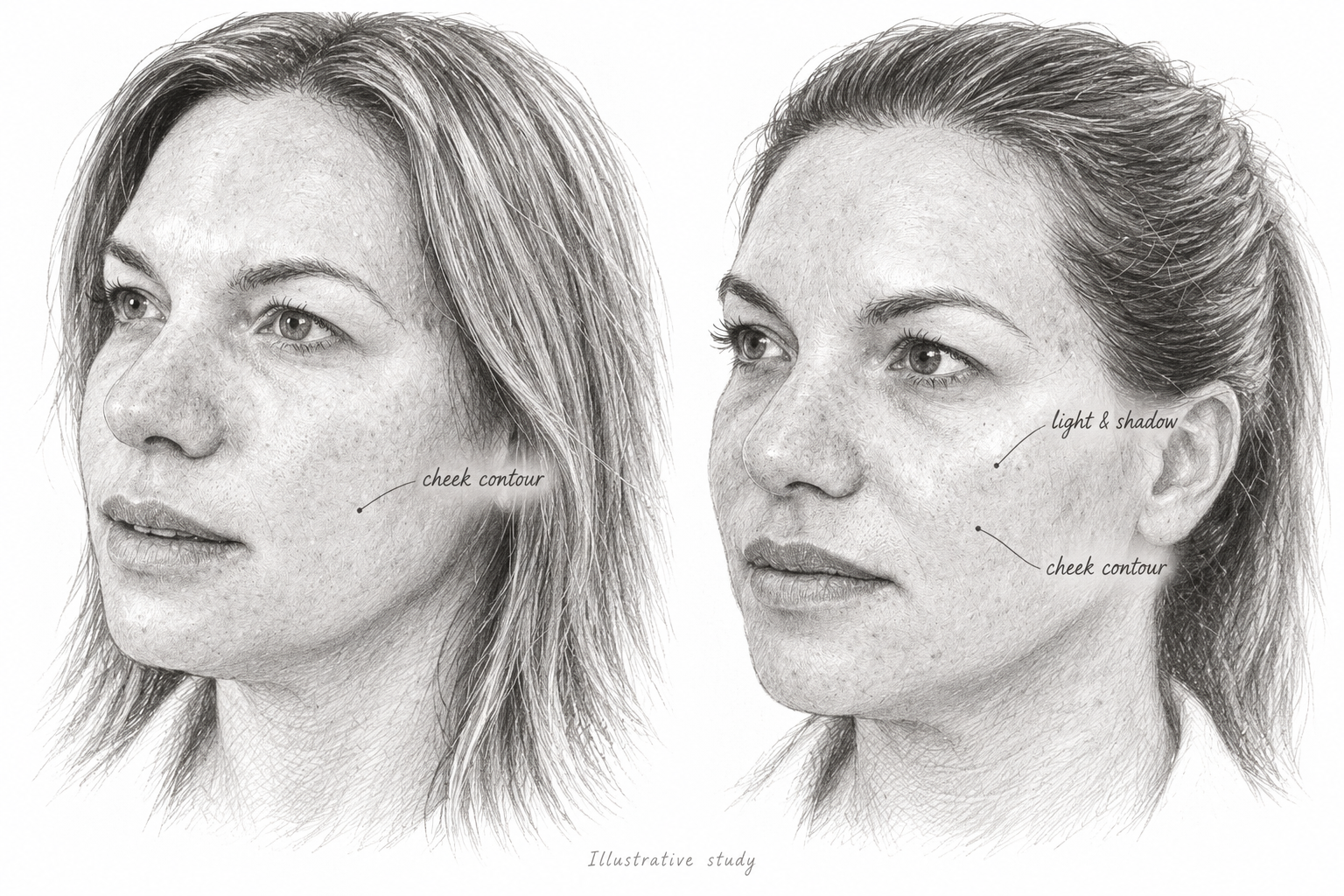 Carbon pencil illustration with notes pointing to cheek contour and light and shadow