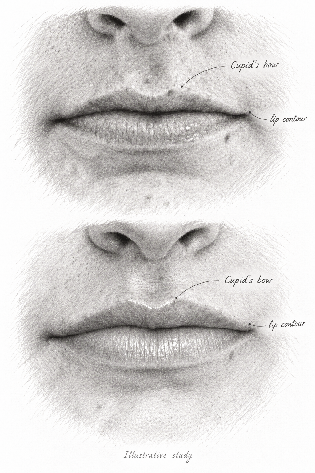 Illustrative carbon-pencil lips study