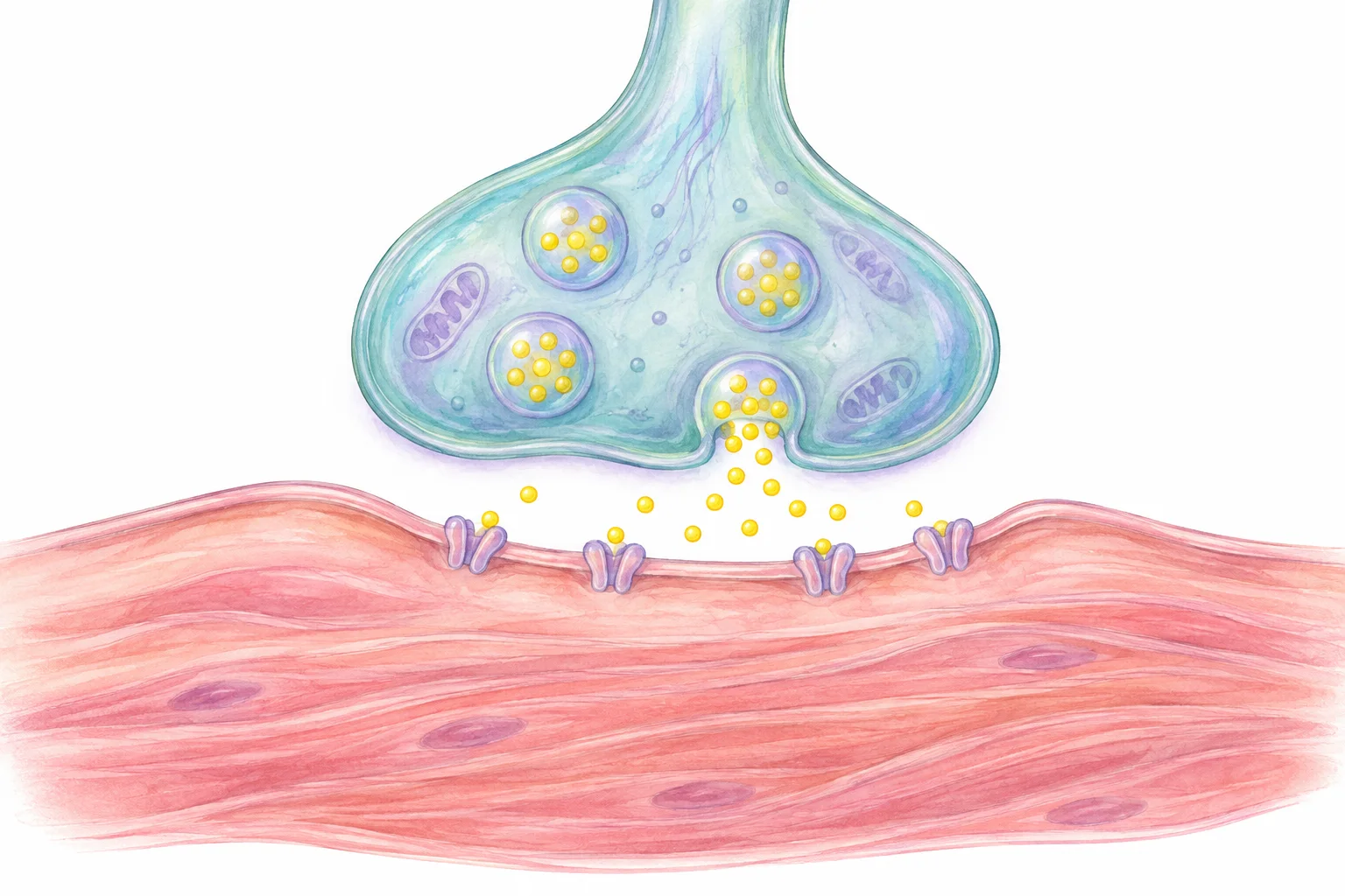 A watercolor study of a nerve ending releasing tiny messenger molecules toward a muscle.