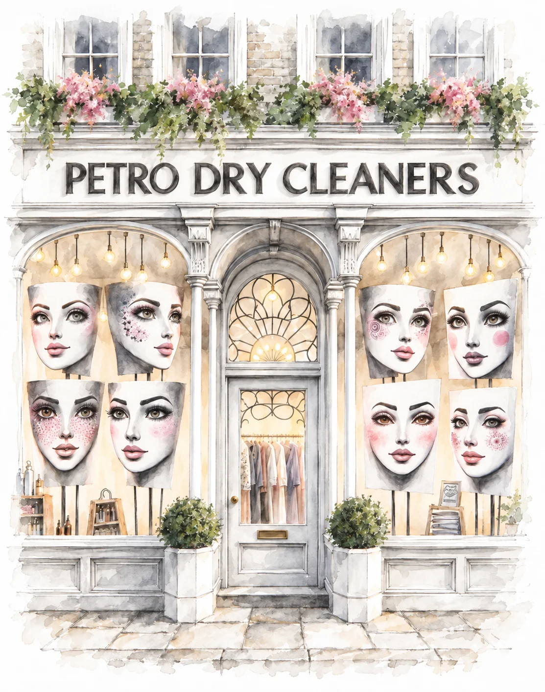 An imaginary Petro Dry Cleaners storefront with illustrated faces and a charcoal sign reading PETRO DRY CLEANERS.