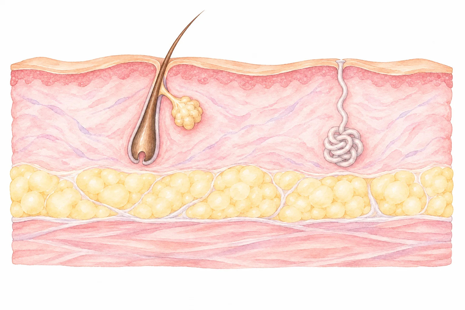 Watercolor tissue section showing the skin surface, dermis with a hair follicle and glands, pale yellow fat, and deeper muscle.