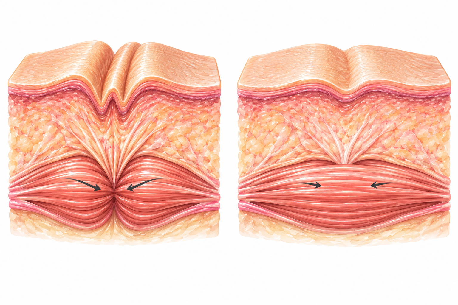 Conceptual skin cutaways: inward muscle pull with pronounced surface creases at left and reduced pull with a softer residual fold at right.
