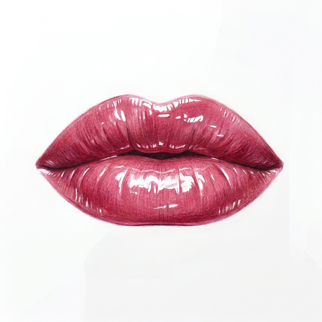 Pink pencil illustration of glossy lips on white paper.