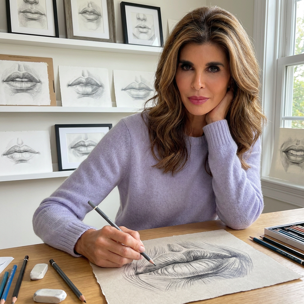 Artist portrait of Dr. Petro drawing lips in pencil, surrounded by lip studies.