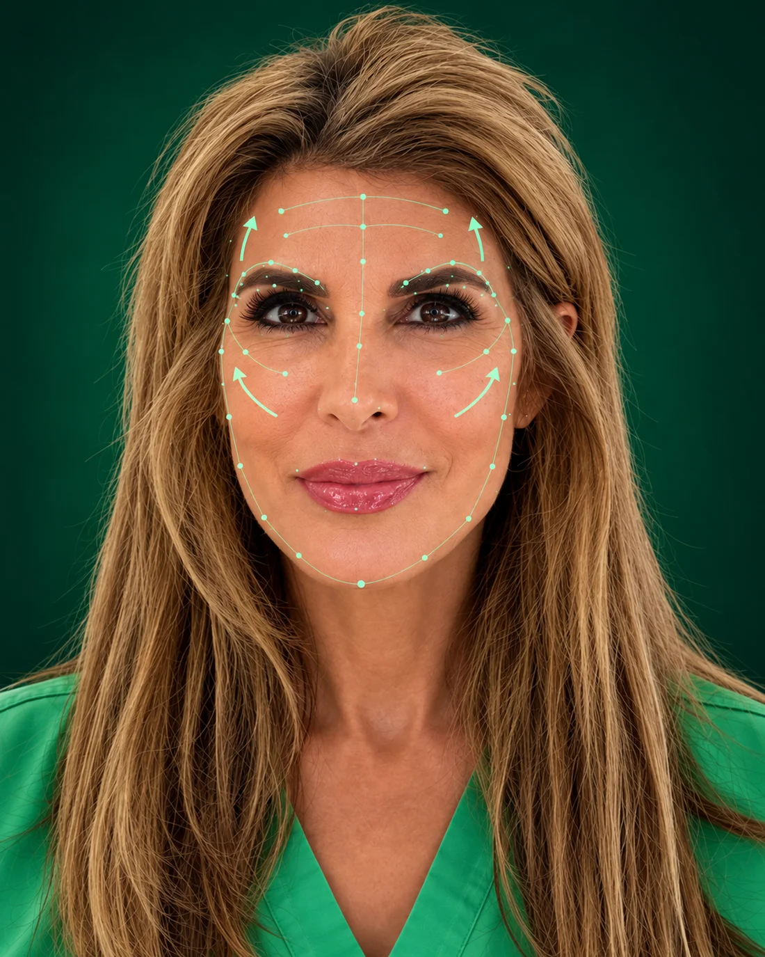 My portrait with illustrative mint face-mapping lines and upward arrows at the brows and cheeks